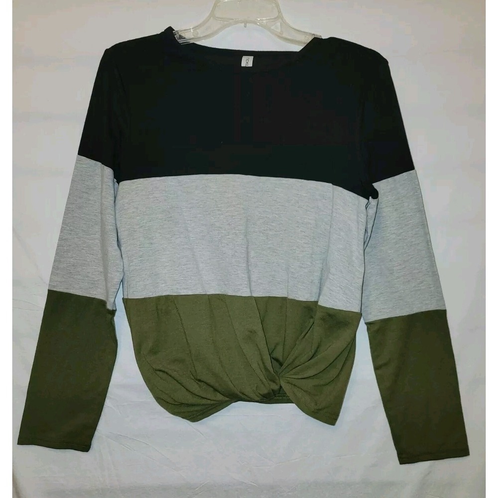 Tickled Teal Finley Twist Top Shirt L Olive Green Gray Black Knotted Longsleeve